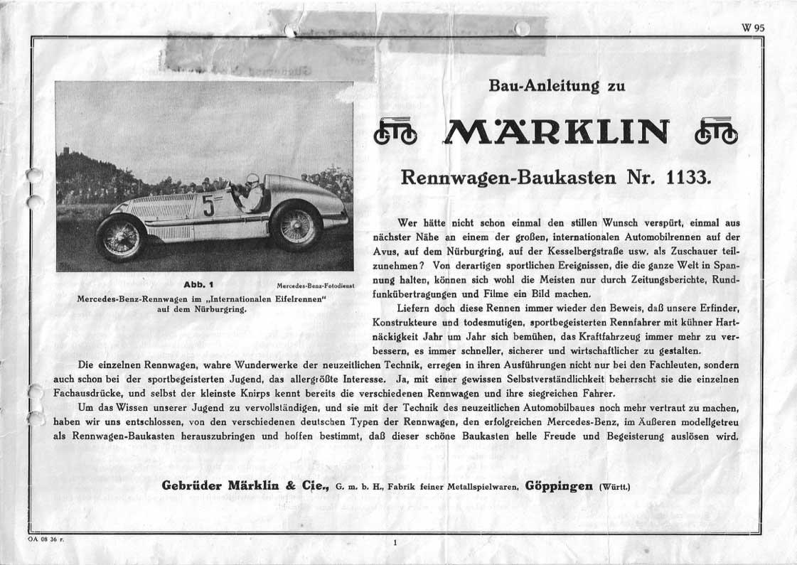 Märklin Bauanleitung Rennwagen 1133 1936 PDF Download